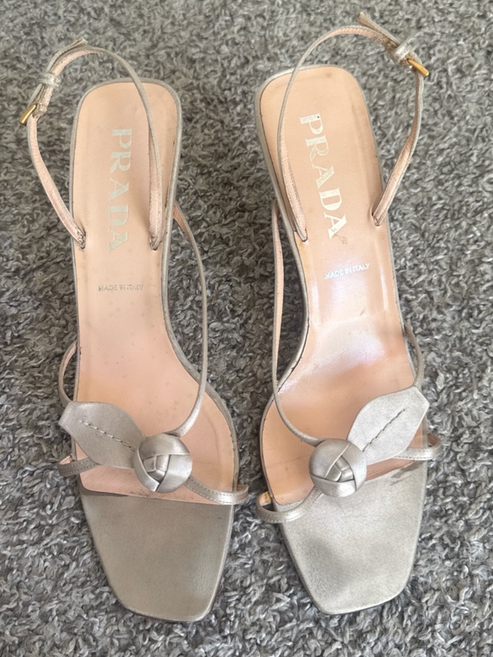 Prada Metallic Taupe Knot Slingback Heels